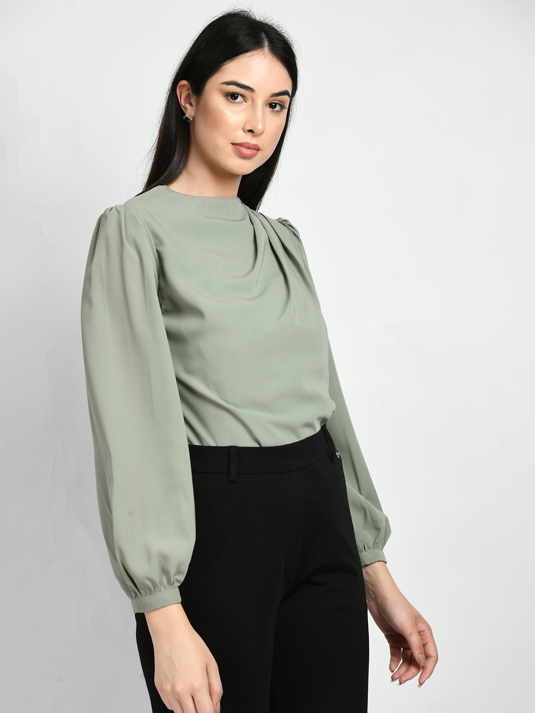 Exude Genius Pleat Detail Top Pista Green Tops