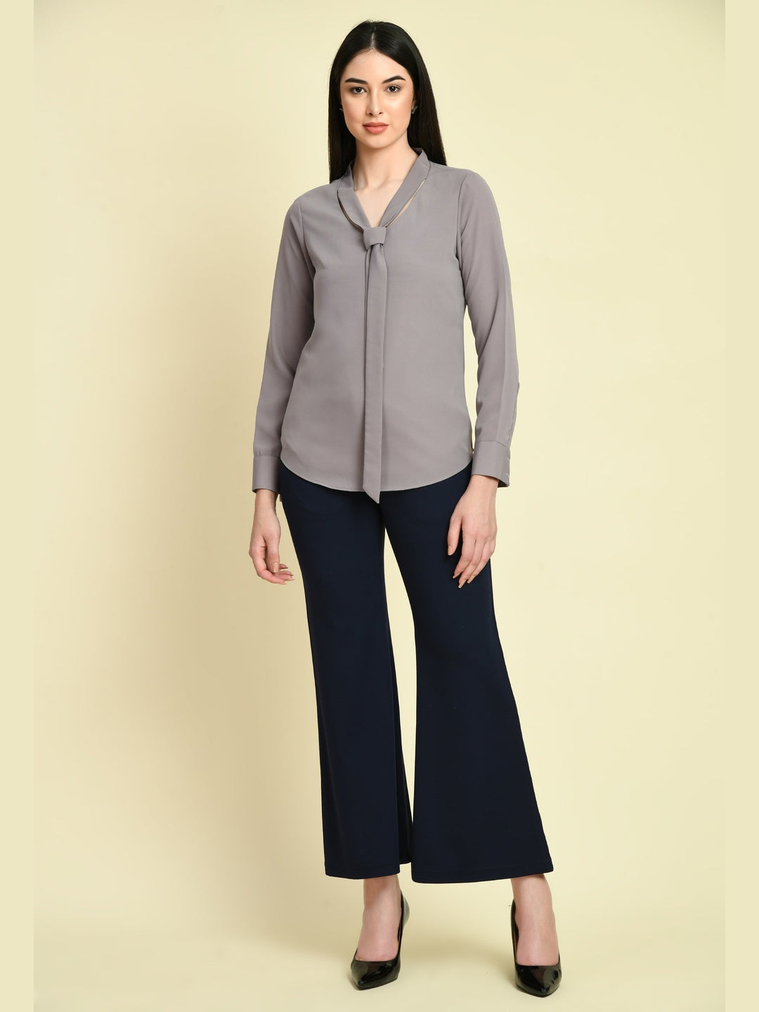 Exude Wisdom V-neck Tie Up Top Lilac Grey Tops