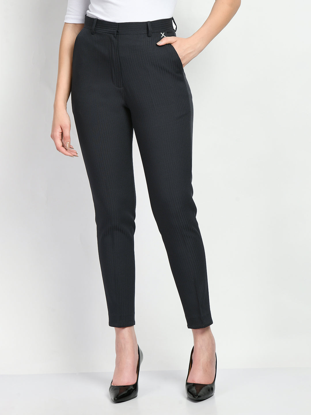 Exude Fire Striped Straight Trousers Navy Trouser