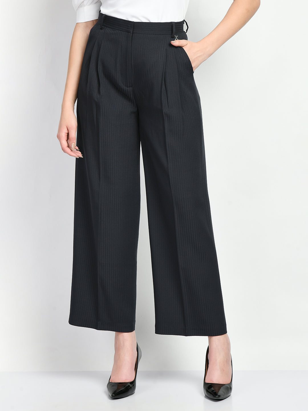 Exude Prowess Striped Wide Leg Trousers Navy Trouser