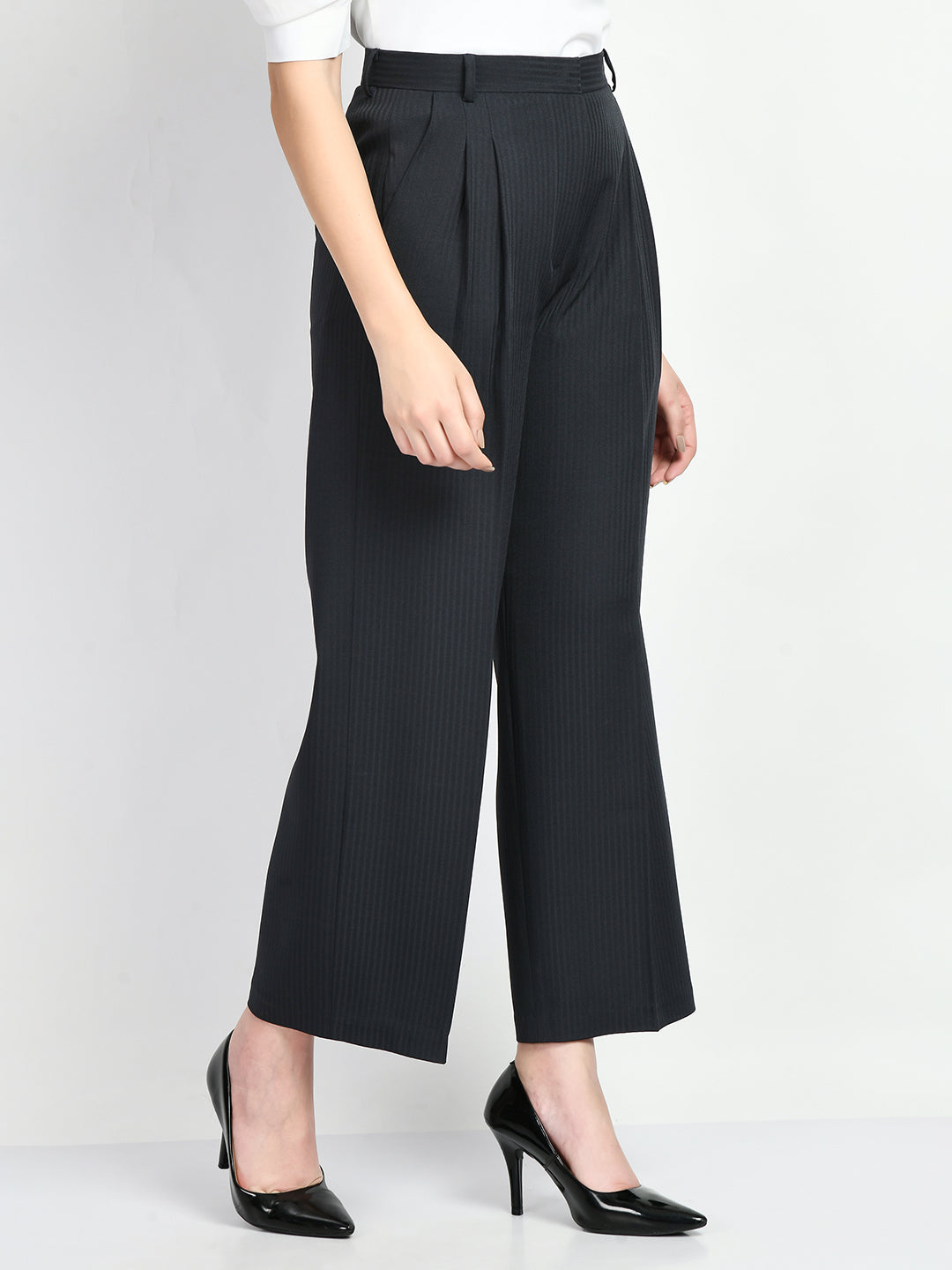 Exude Prowess Striped Wide Leg Trousers Navy Trouser