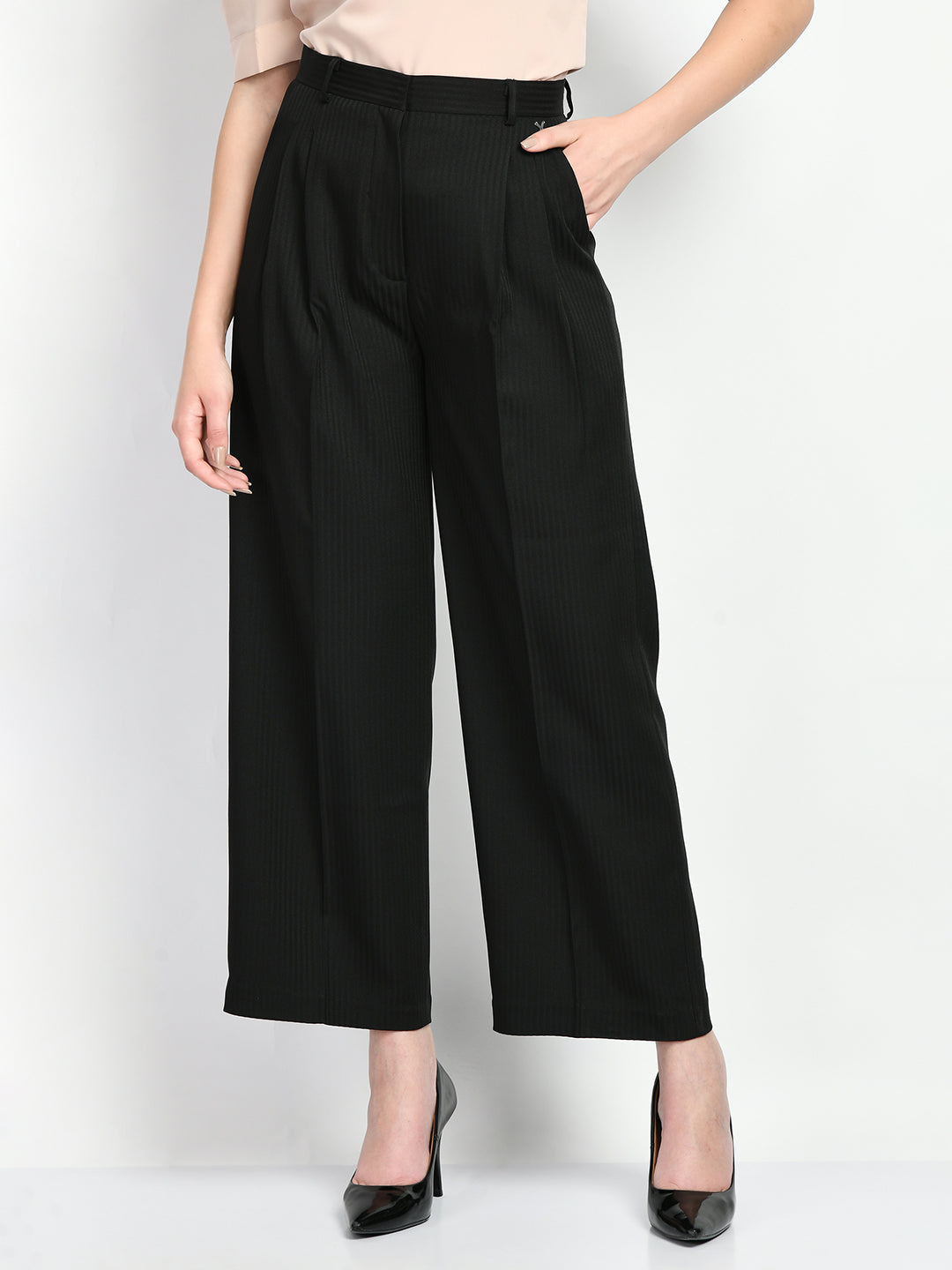 Exude Prowess Striped Wide Leg Trousers Black Trouser