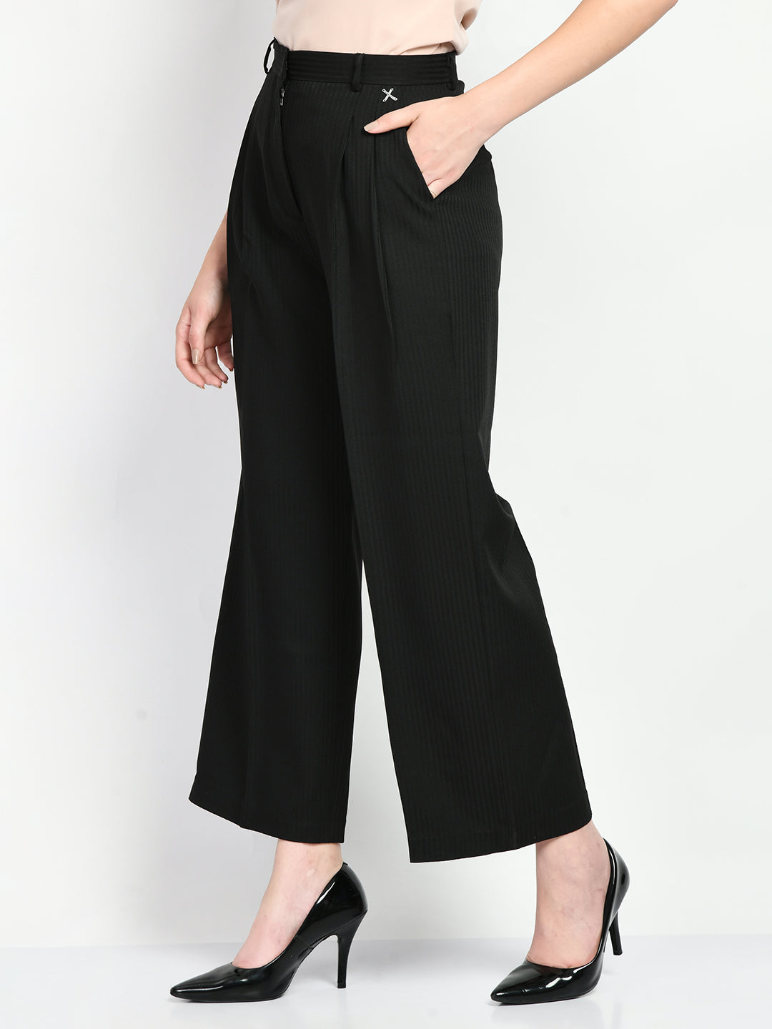 Exude Prowess Striped Wide Leg Trousers Black Trouser