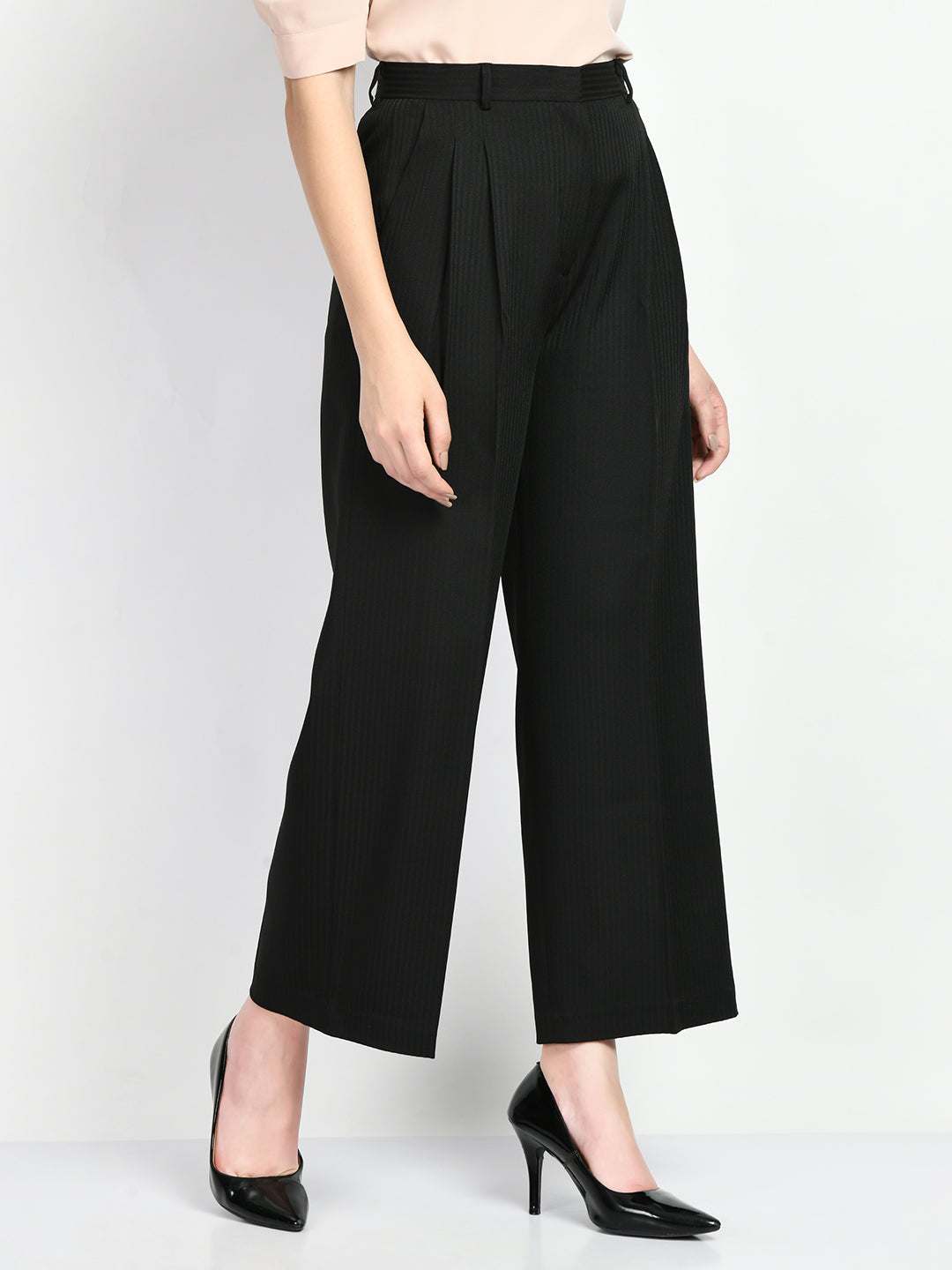 Exude Prowess Striped Wide Leg Trousers Black Trouser