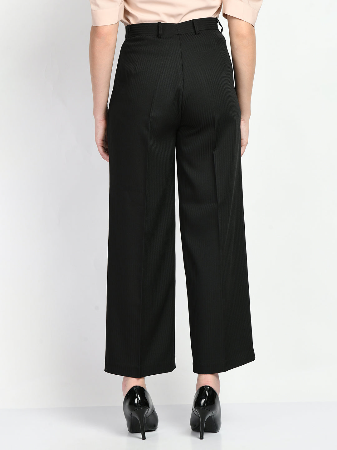 Exude Prowess Striped Wide Leg Trousers Black Trouser