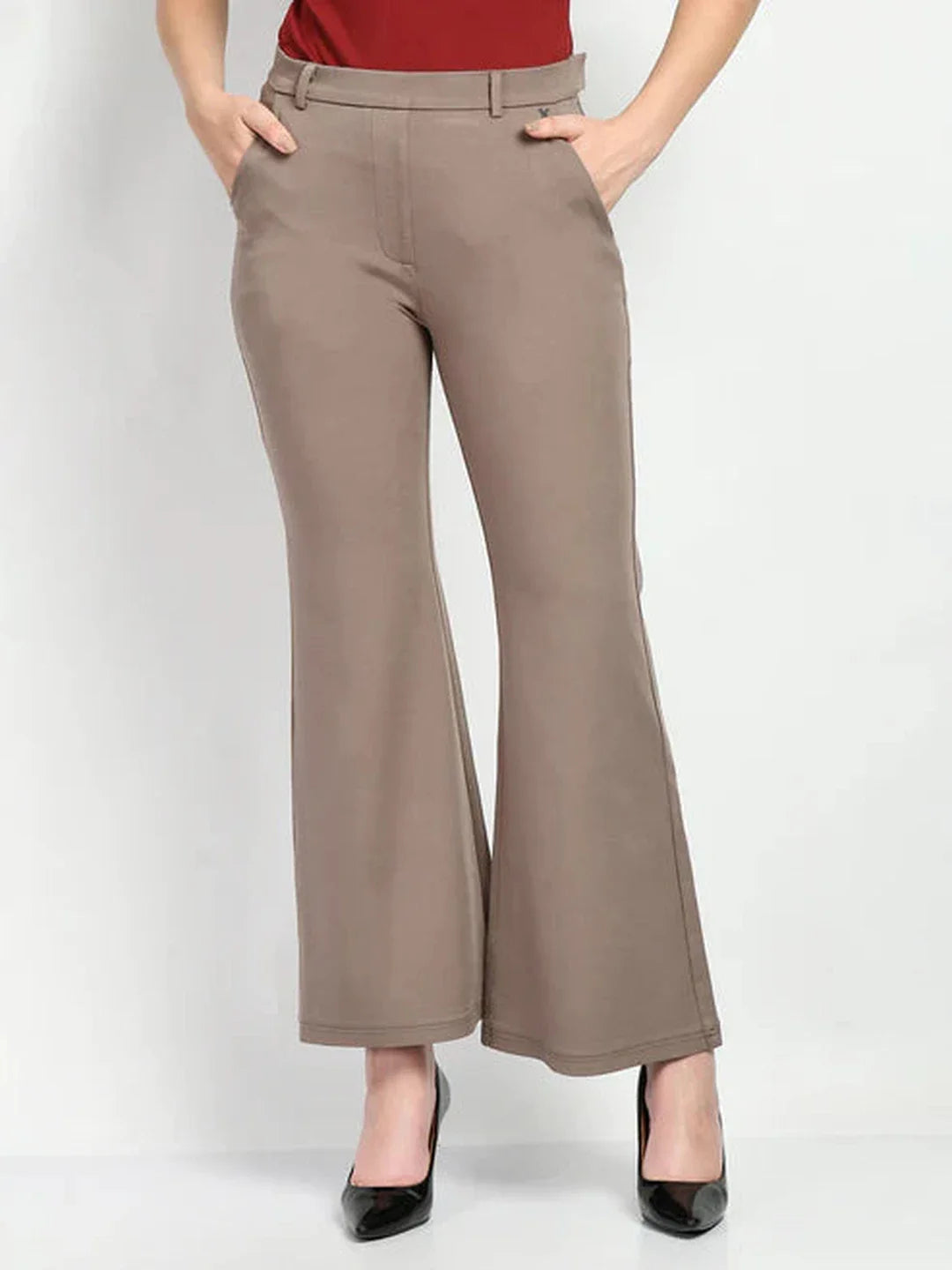Exude Accomplishment Solid 4 Way Stretch Bootcut Trousers Camel Beige Trouser