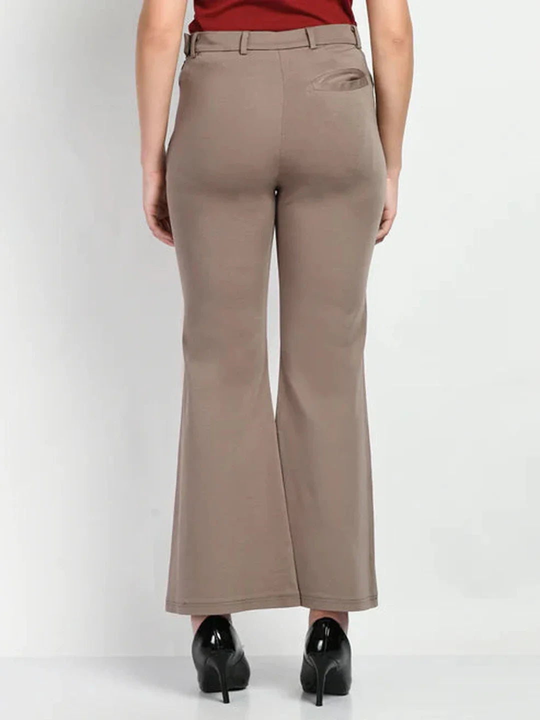 Exude Accomplishment Solid 4 Way Stretch Bootcut Trousers Camel Beige Trouser