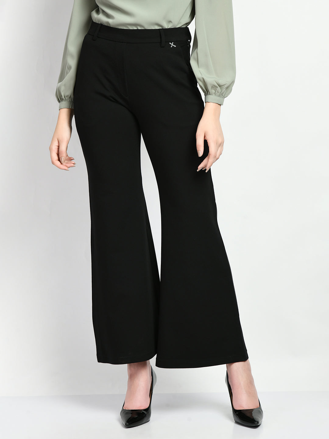 Exude Accomplishment Solid 4 Way Stretch Bootcut Trousers Black Trouser