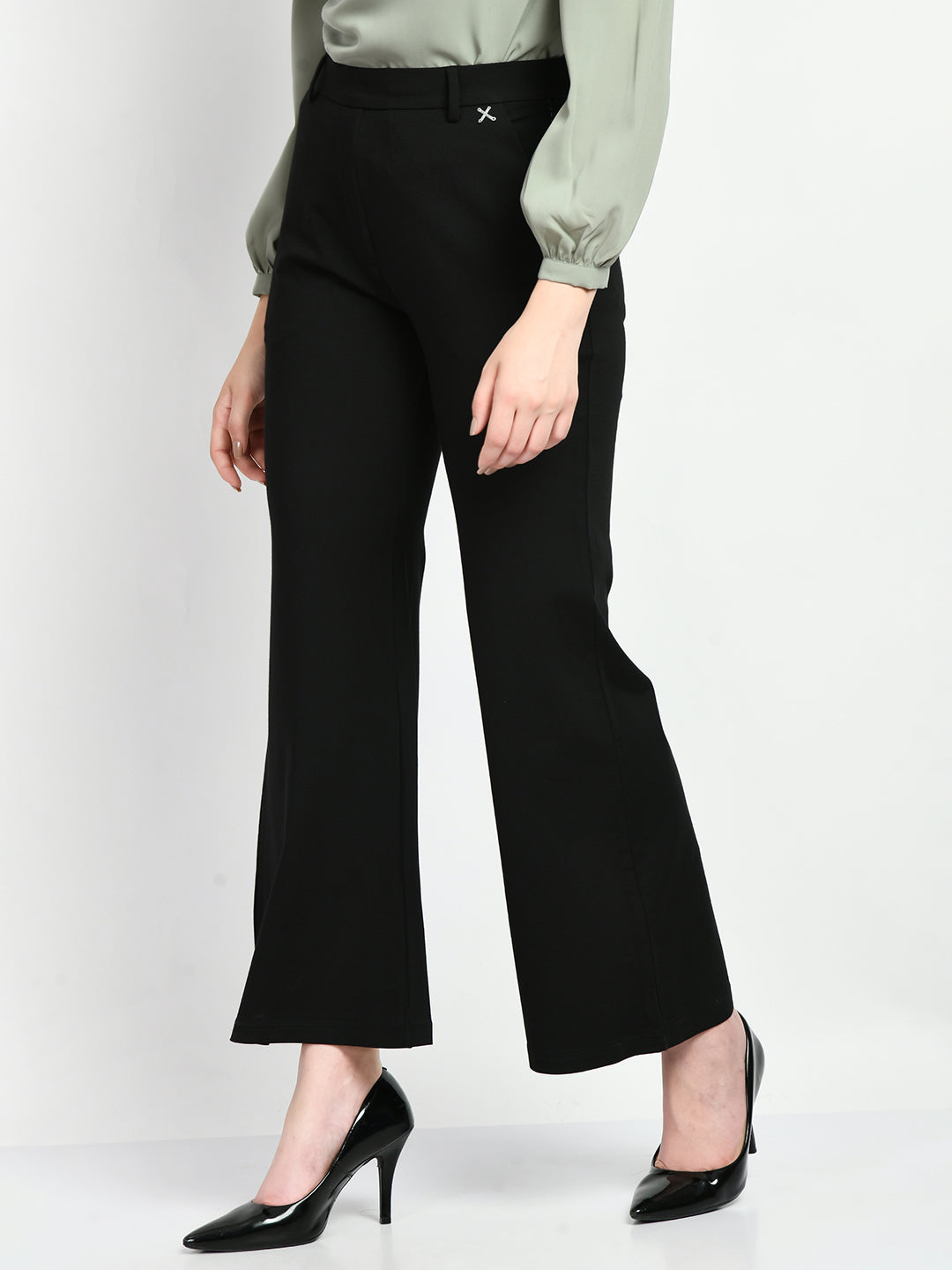 Exude Accomplishment Solid 4 Way Stretch Bootcut Trousers Black Trouser