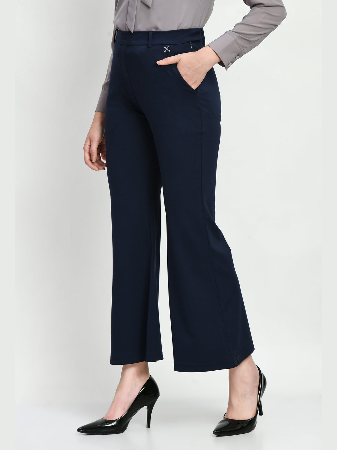 Exude Accomplishment Solid 4 Way Stretch Bootcut Trousers Navy Trouser