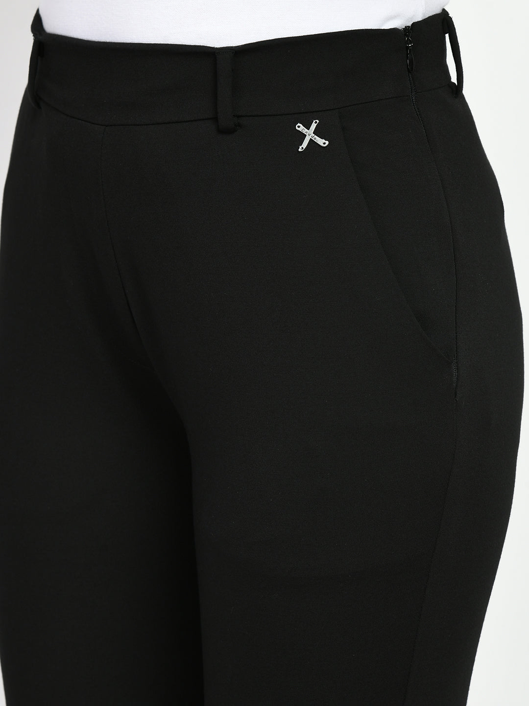 Exude Respect Solid 4 Way Stretch Slim Trousers Black Trouser